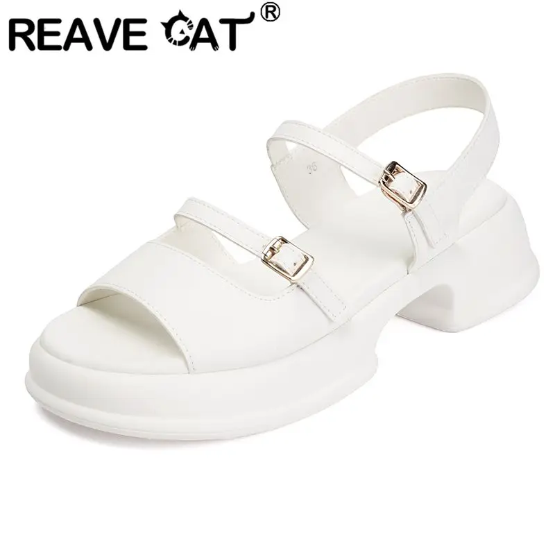 

REAVE CAT Apricot Women Sandals Round Toe 4.2cm Thick Sole 2cm Platform Buckle Strap Plus Size 41 Daily Leisure Handmade Shoes