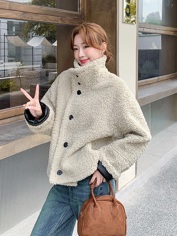 Ladies Thiened Double-Sided Wear Lamb Fur Coat Warm Commute Sle Stand Version Long Sve Button Closure No Hat