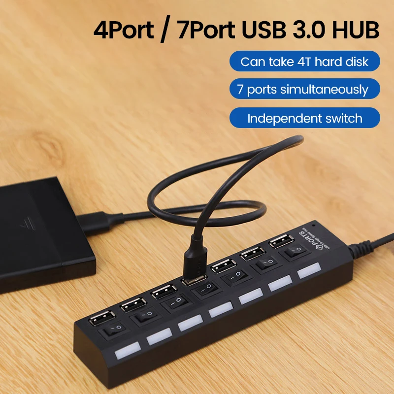 USB 2.0 Hub Multi USB Splitter Ports Hub Use Power Adapter4/ 7 Port Multiple Expander Hub with Switch 30CM Cable For Home