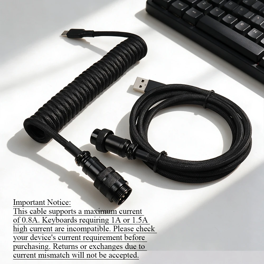 Coiled Keyboard Cable Type C To USB-A Mechanical Keyboard Cable Double Sleeved Wire For Gaming Keyboard |  Black Red Light blue