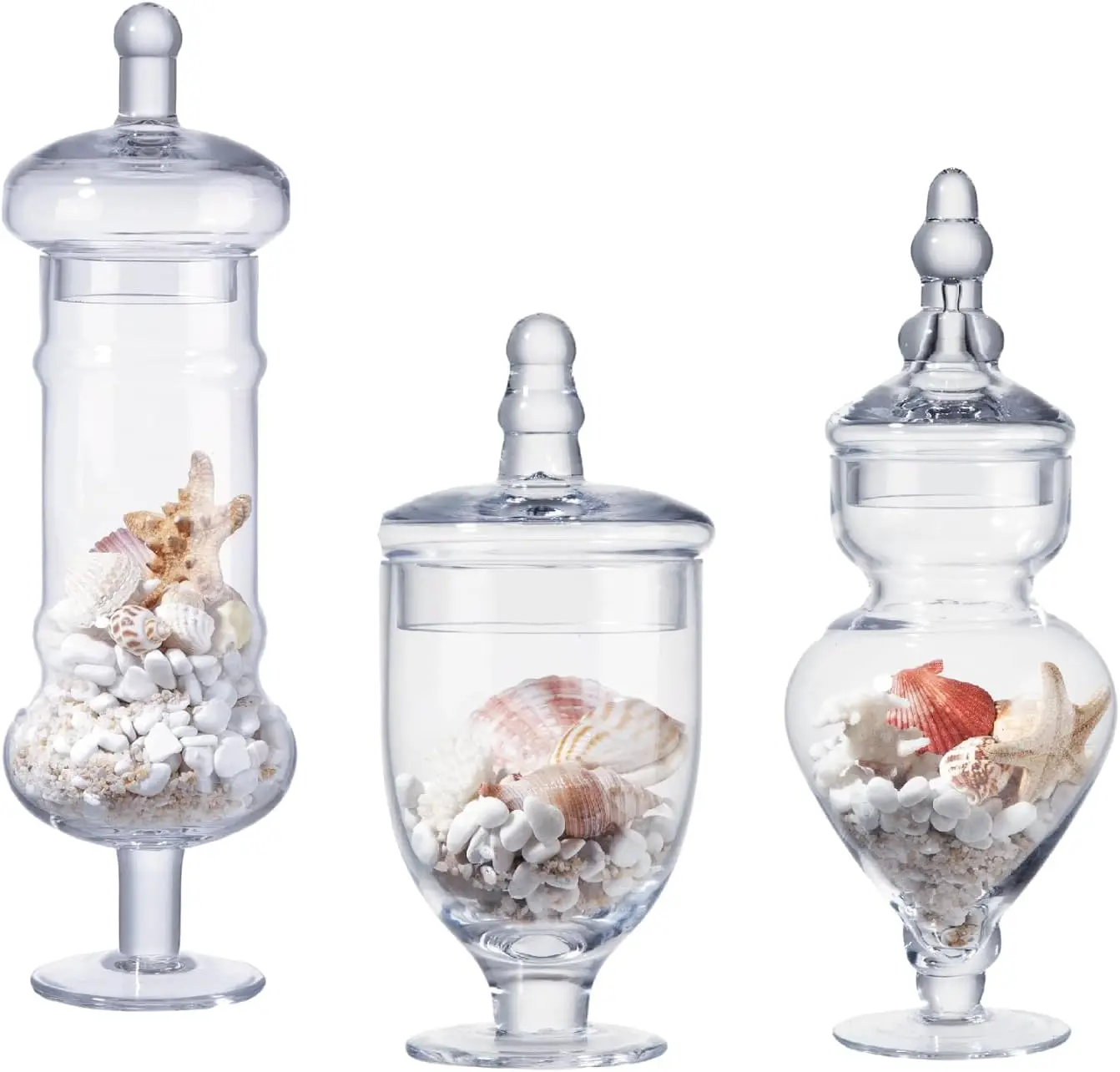 Juego de 3 elegantes tarros de vidrio estilo boticario para buffet de dulces, decoración de bodas y almacenamiento en el hogar (alturas de 9, 12.5 y 14 pulgadas)