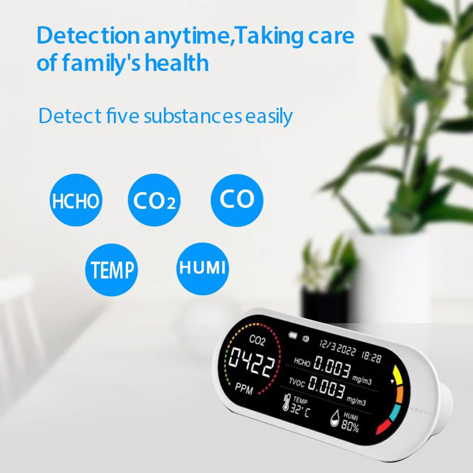 Home 5-In-1 Air Quality Monitor Portable NDIR Gas Detector for Formaldehyde TVOC Temperature Humidity CO CO2