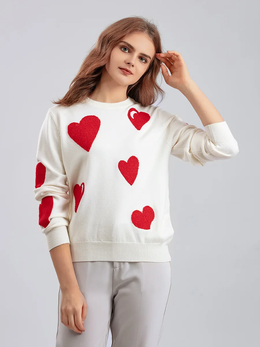 

Red Love Heart Flocking Sweater Women O-Neck Fashion Knitted Pullover Long Sleeve Top Black White 2023 Autumn Winter Tops p1170