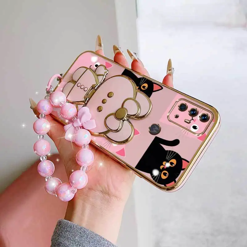 3 pièces (coque de téléphone romantique + cordon + support lapin) pour protéger votre téléphone, adaptée aux coques de téléphone Moto G20/G22/G30