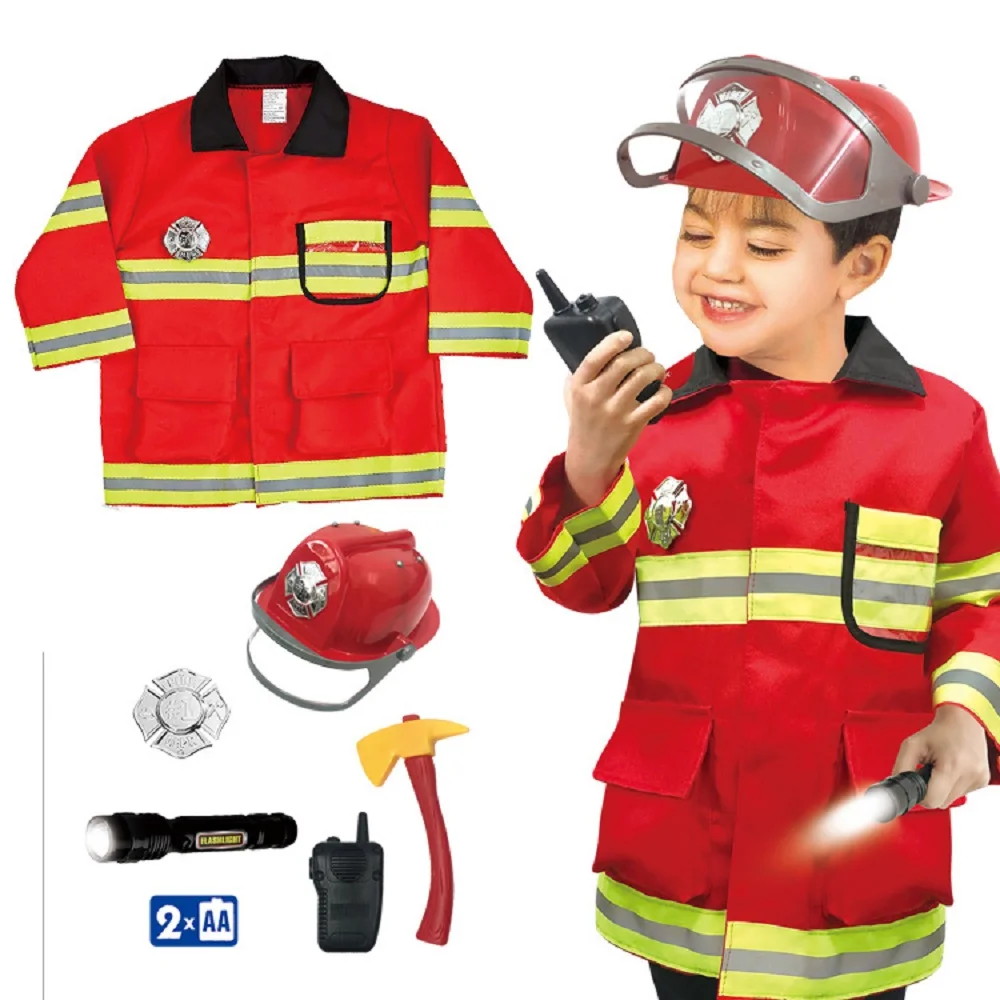 Boys Girls Hot Sale Fireman Cosplay Professional Costume Red Cloth Halloween Kid with Accessories