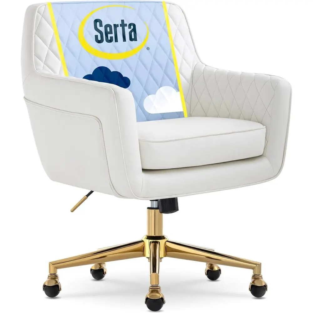 

Mid-Century Modern Accent Armchair with Diamond Stitching, Swivel Base, White Leatherette Seat Cushion