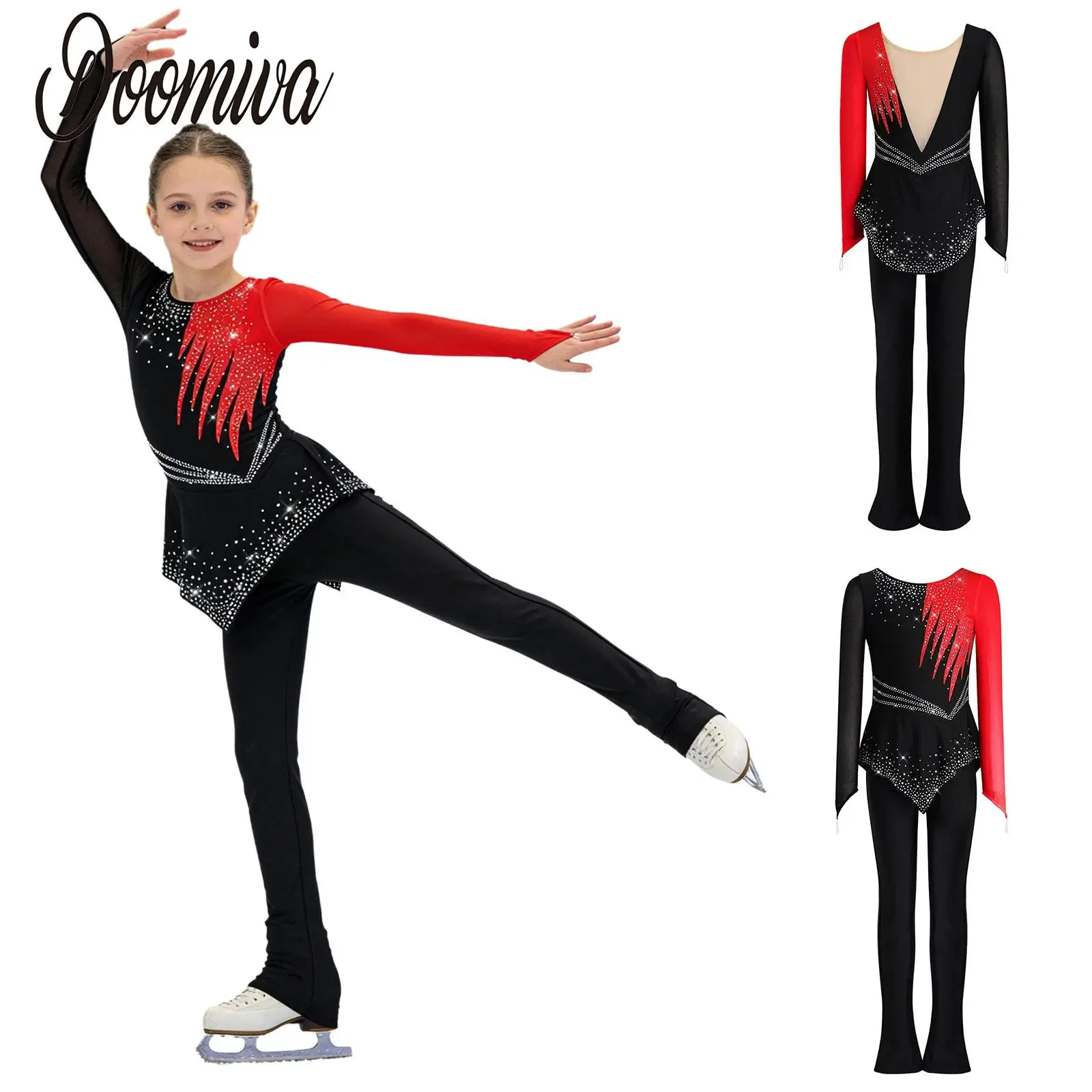 

Kids Girls Figure Skating Lyrical Gymnastic Peplum Jumpsuits Dancewear Finger Holes Long Sleeve Rhinestones Full Body Dresses