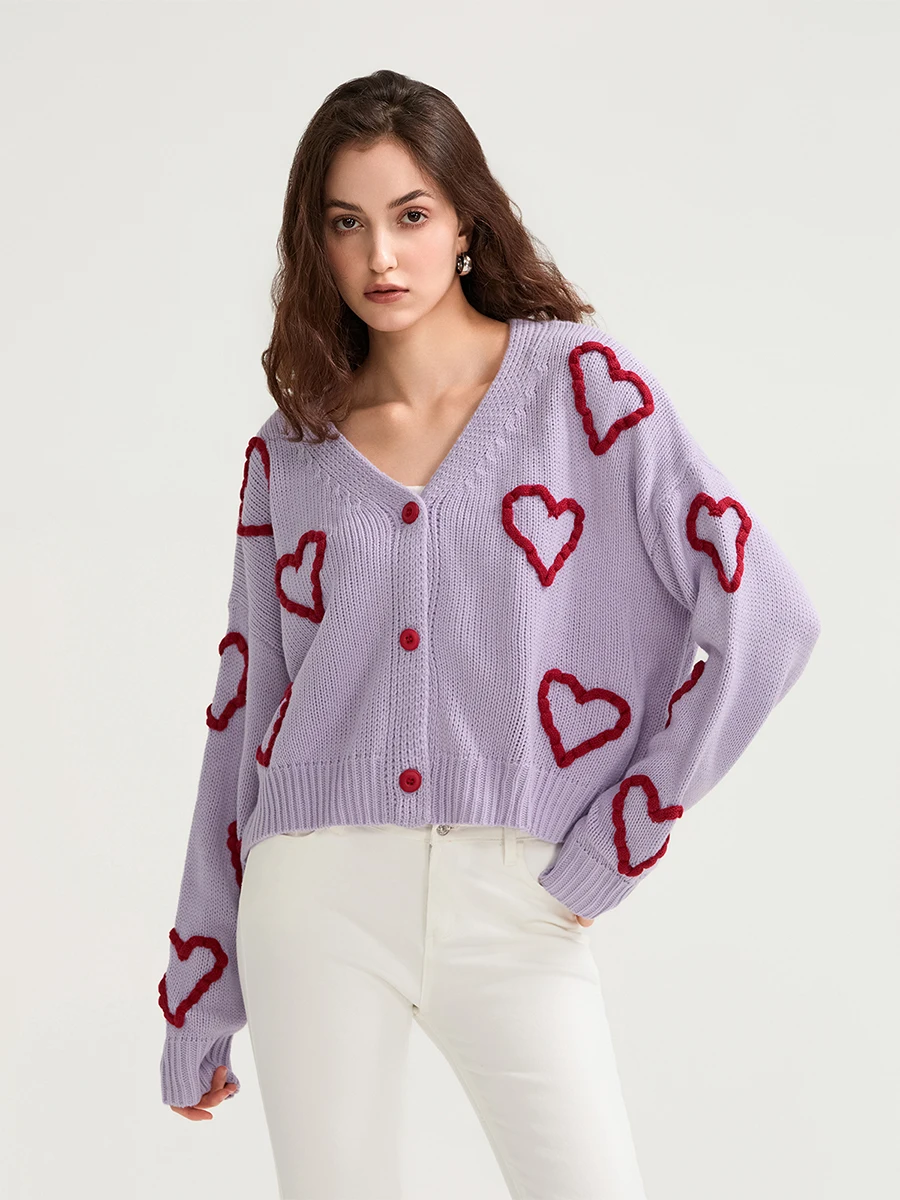 Women Button up Sweaters Casual Heart Crochet Cropped Long Sleeves Knit Cardigans Warm Fall Winter Knitwear for Streetwear