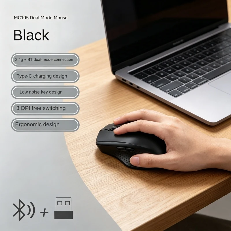Dual-Mode 2.4G Wireless Mouse Bluetooth 5.2 Mouse Rechargeable Mouse Game Mouse 1600DPI For Laptop Tablet Computer Windows MacOS