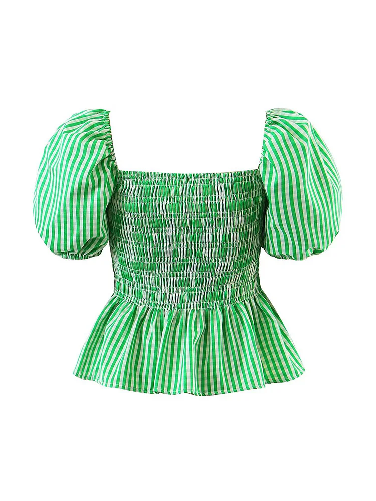 Blouses For Women 2022 Gingham Check Casual Smocked Blouse Top Peplum Elegant Square Neck Short Puff Sleeve Blouse Summer Tops