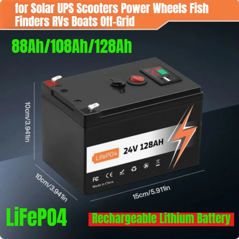 

Lithium Battery 24V 128Ah Rechargeable LiFePO4 for Solar UPS Scooters Power Wheels Fish Finders RVs Boats Off-Grid