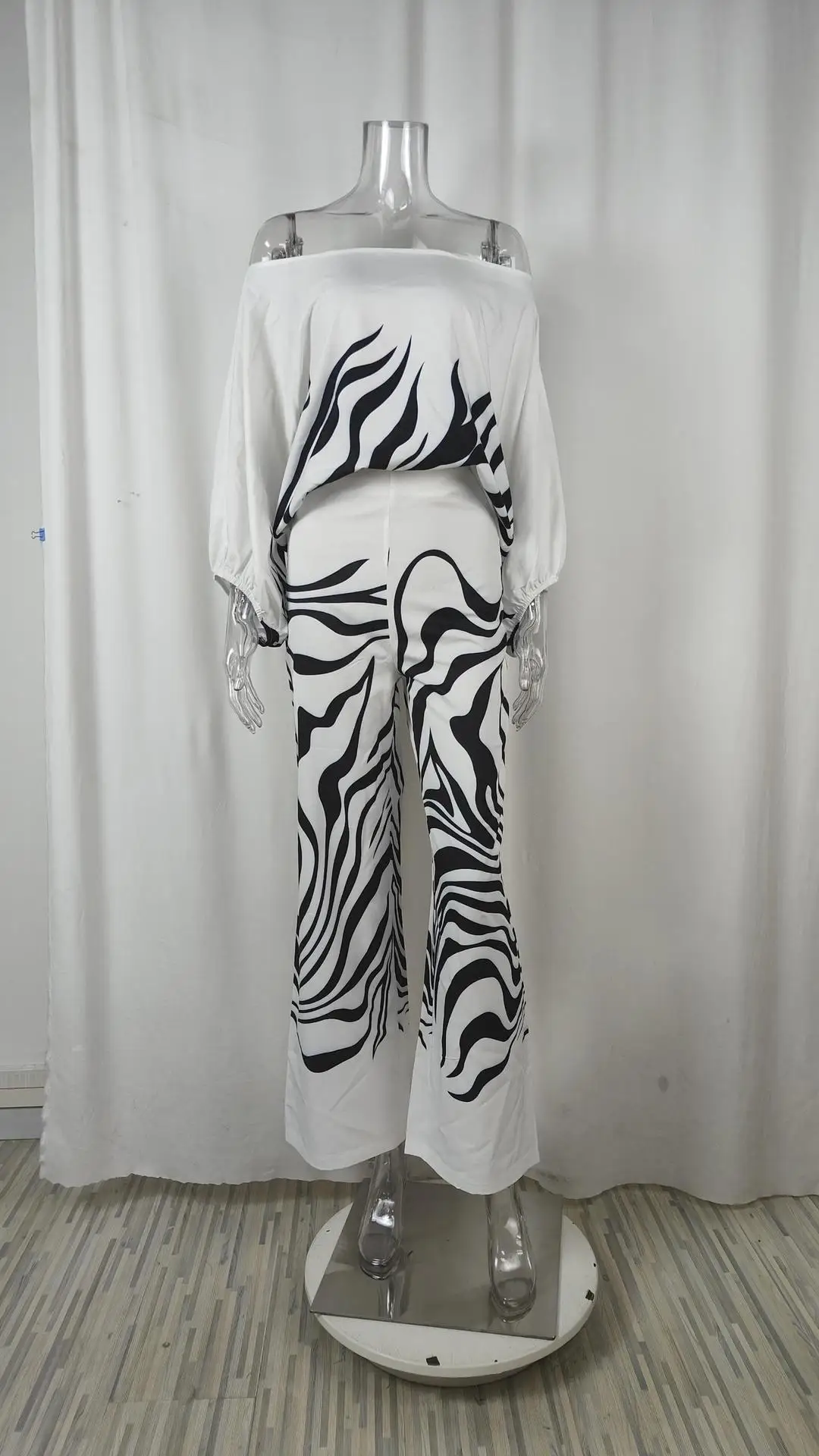 VEITCHE Frauen Print Outfit Ärmel Off Schulter Langarm Bluse Büro Dame 2-teilige Sets Frühling Herbst Breite Bein Hosen Anzug – Detail 21