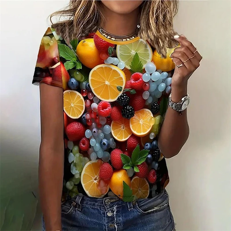 Summer Fruit Print T Shirt For Ladies Girls Summer O Neck Fashion Casual Loose Graphic T Shirt Elegant Plus Size Women Clothing