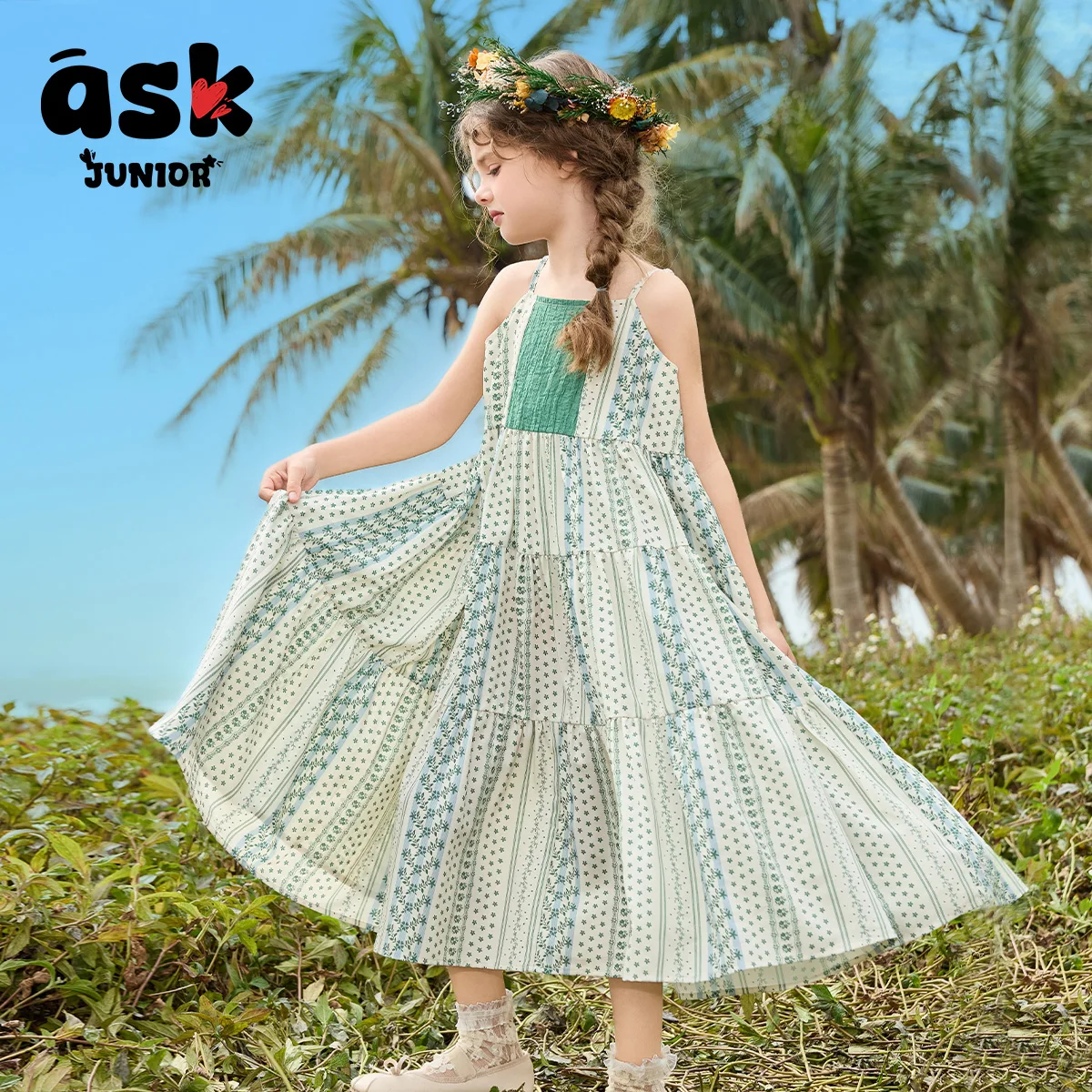 فستان بحمالات صيفي للفتيات الصغيرات الصغار بطباعة شبكية بألوان متباينة #6