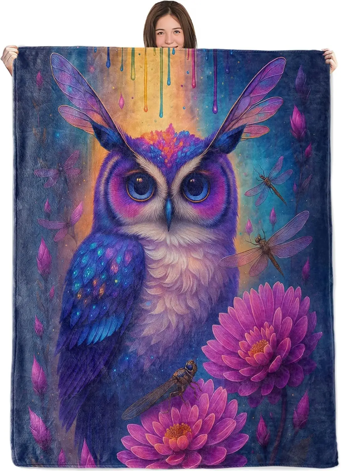 Wicked Colorful Owl Blanket,Cozy Flannel Throw with Fantasy Bird Dragonfly Wing Flower Rainbow Design,Soft Blankets for Women,