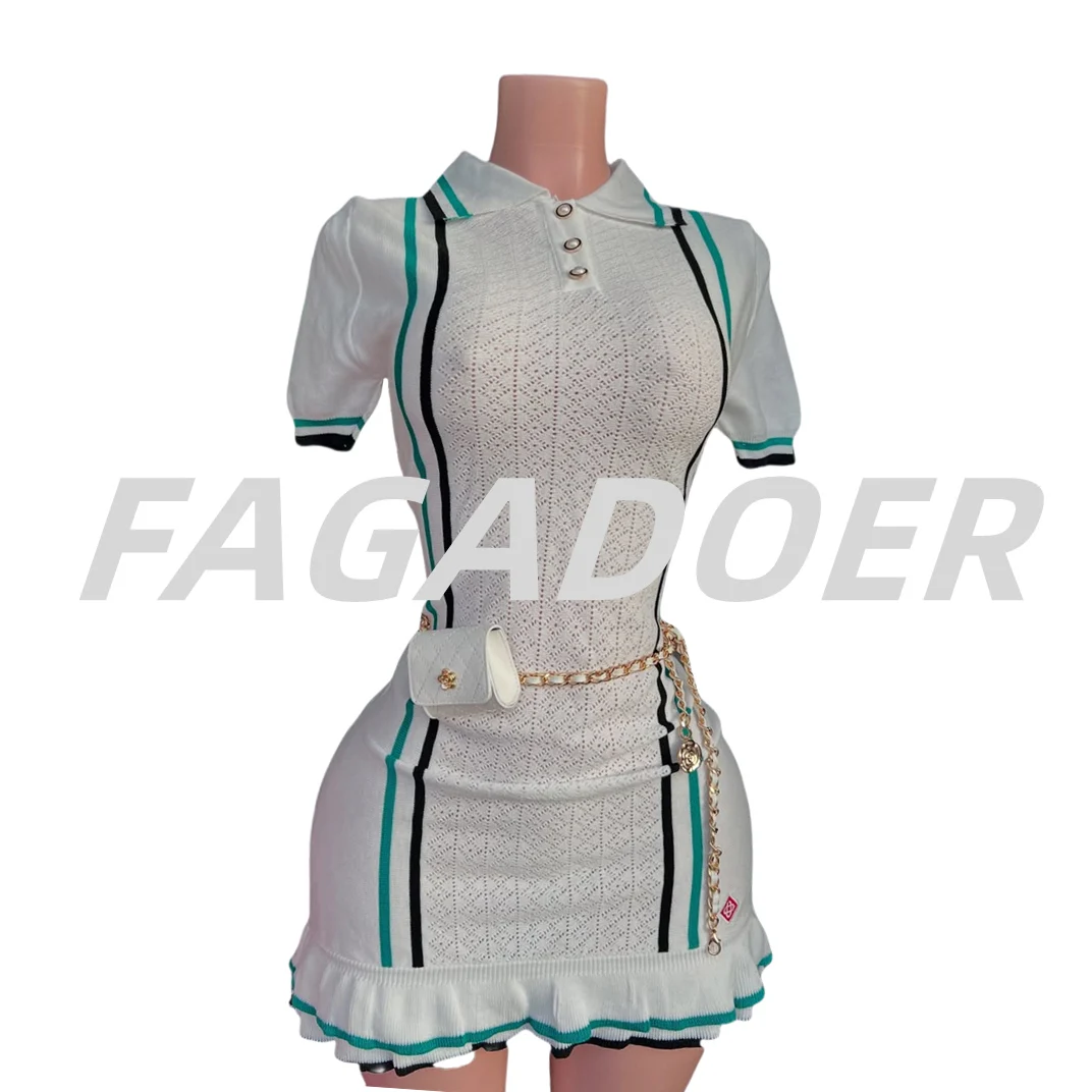 FAGADOER Casual Knit Mini Dress Women Fashion White Buttons Stripe Ruffle Patchwork Bodycon Dresses Female Vestidos 2025 New