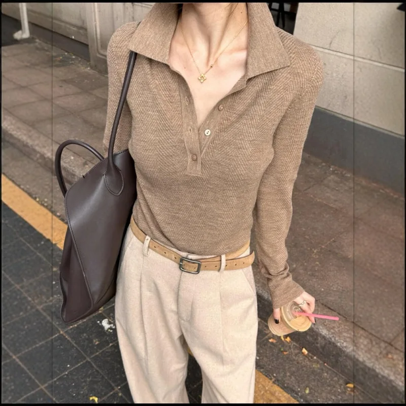 2026 New Autumn Winter Women Coffee Short Polo Collar Knitted Sweater Elegant Inner Basic Versatile Casual Daily Top
