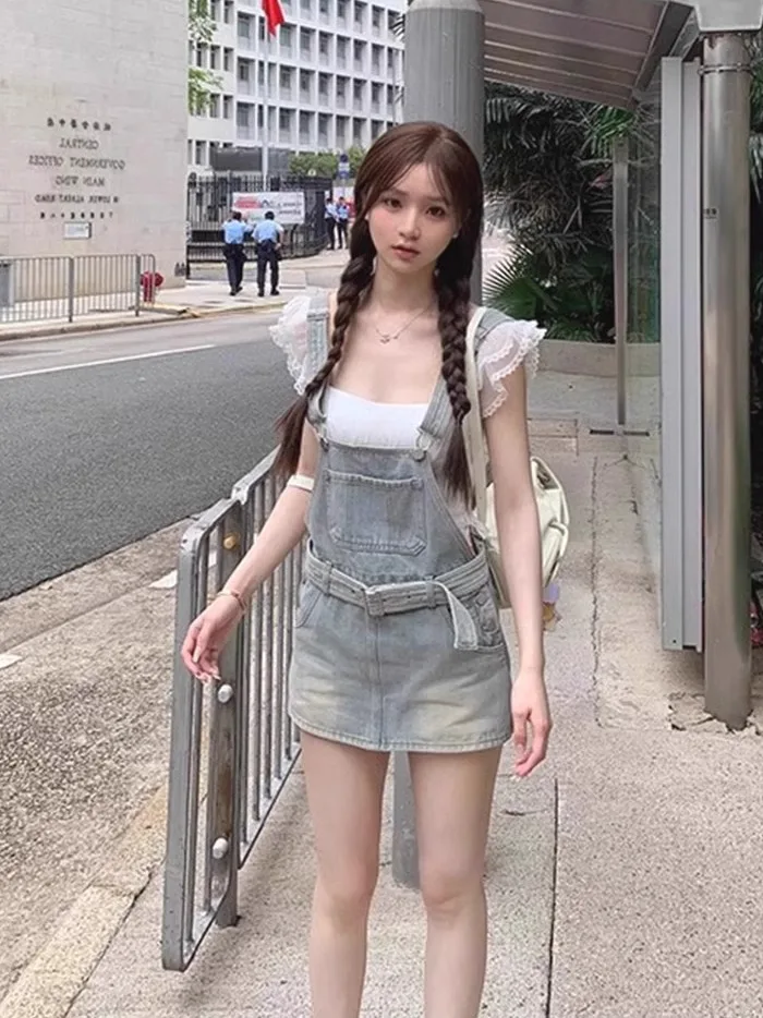 

Slimming Short Denim Overalls Women's Summer Hong Kong Style Sweet Anti-aging Small Size Thinming Hot Girl Dress Skirt