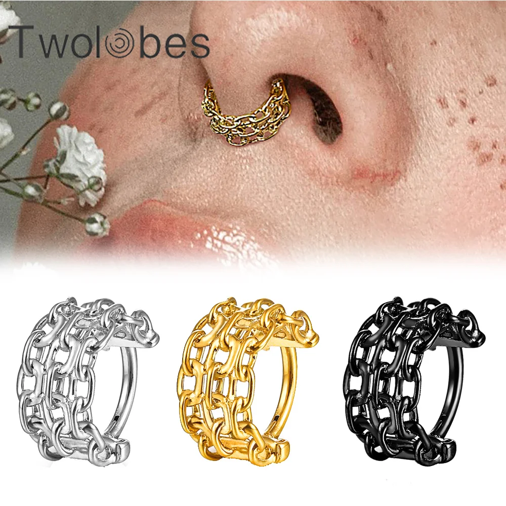 Twolobes 1PCS 316 Stainless Steel Round Chain Nose Rings Cartilage Segment Septum Clickers Piercing Jewelry Hoop Earrings Punk