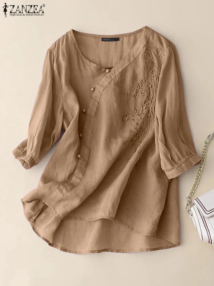 ZANZEA Women Embroidery Floral Blouse Autumn Shirts Summer V Neck 3/4 Sleeve Blusas Female Work Tops Tunic Casual Loose Chemise