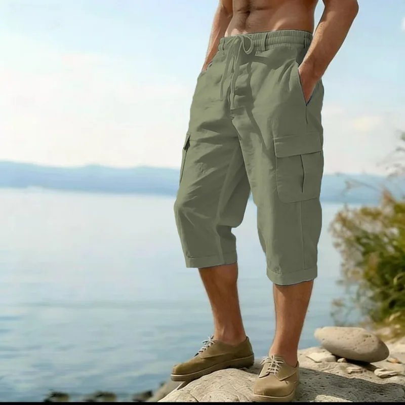 Men Multi Pockets Cargo Capri Pants Drawstring Elastic Waist Loose Cropped Casual 3/4 Length Trousers