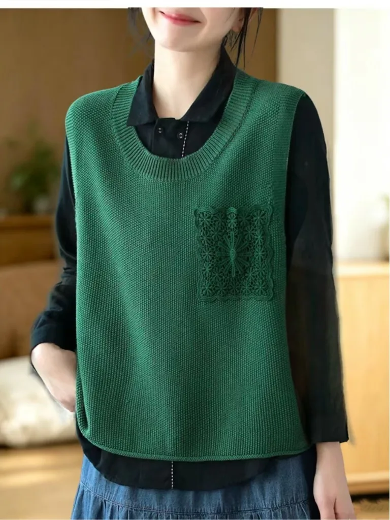 Lace Pocket Knitted Vest Women's Spring Autumn round Neck Sleeveless Oversize Layering Outerwear Casual Style Fashion Vest