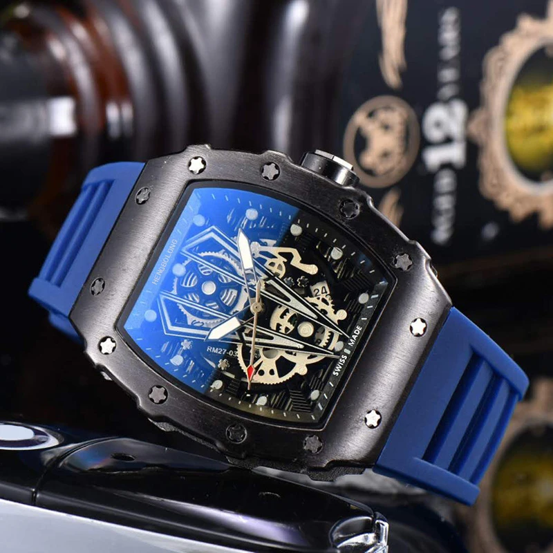 silicone strap square wine barrel large dial watch hollowed out surface calendar quartz watch for men and Students