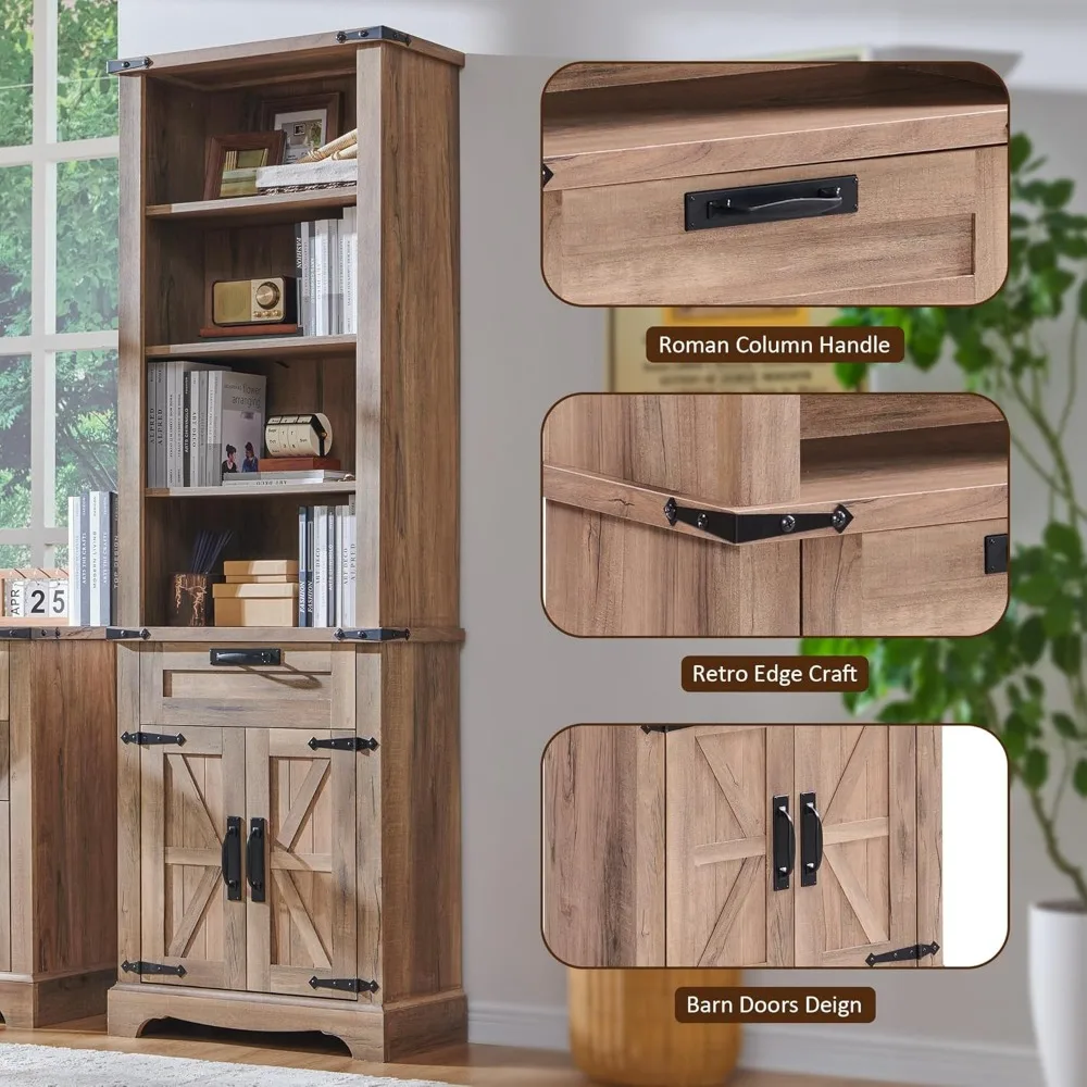 72'' Tall Bookshelf with Storage, Farmhouse 4 Tier Bookcase with Barn Door, Adjustable Shelves and Drawers, Rustic Wooden Offic