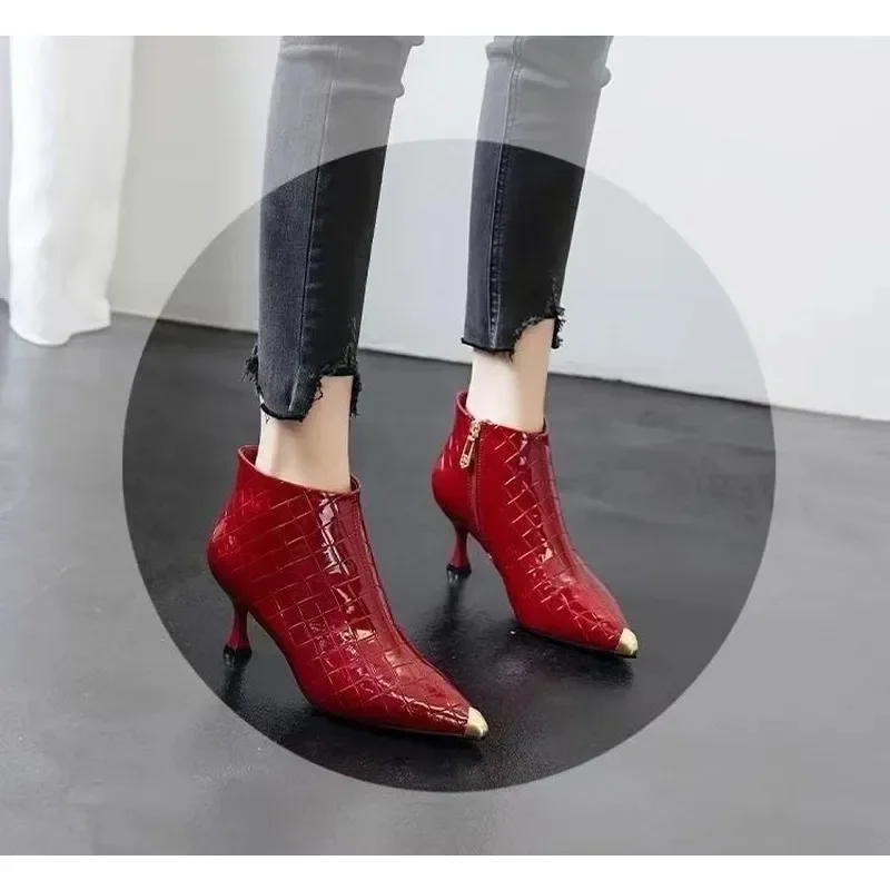 Women Ankle Boots High Heels Short Botas Winter Wedding Shoes Pointed Toe Side Zip 34 40 Black Red Beige Dropship Women Shoes