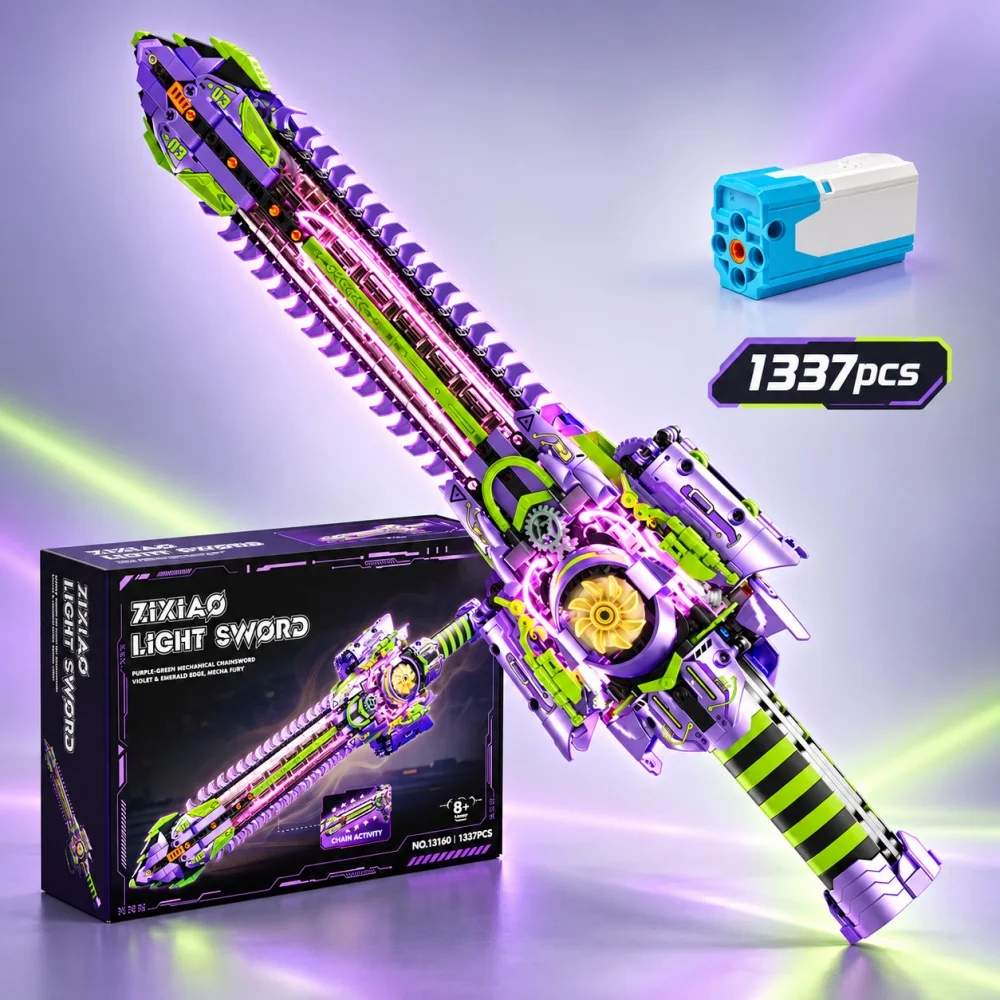 1337pcs Technical Cyberpunk Mechanical Sword Building Blocks, Gear Linkage Purple Katana Stand, Holiday Adult Kids Gift