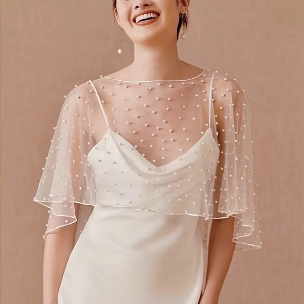 

Pearl Tulle Shawl for Bride Wedding Bolero Shoulder Cape Bridal Accessories Luxury Elegant Women's Layers Wedding Props