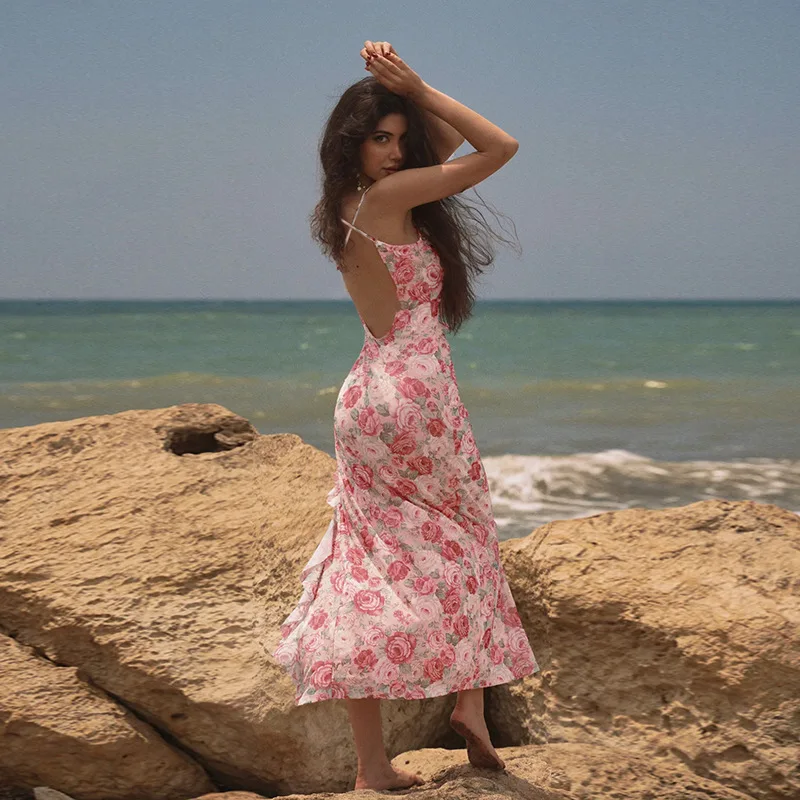 Elegant Ruffles Print Midi Dress Pink Floral Dresses Backless Beach Party Holiday Beach Vacation Outfits 2025 Summer Spring Y2K
