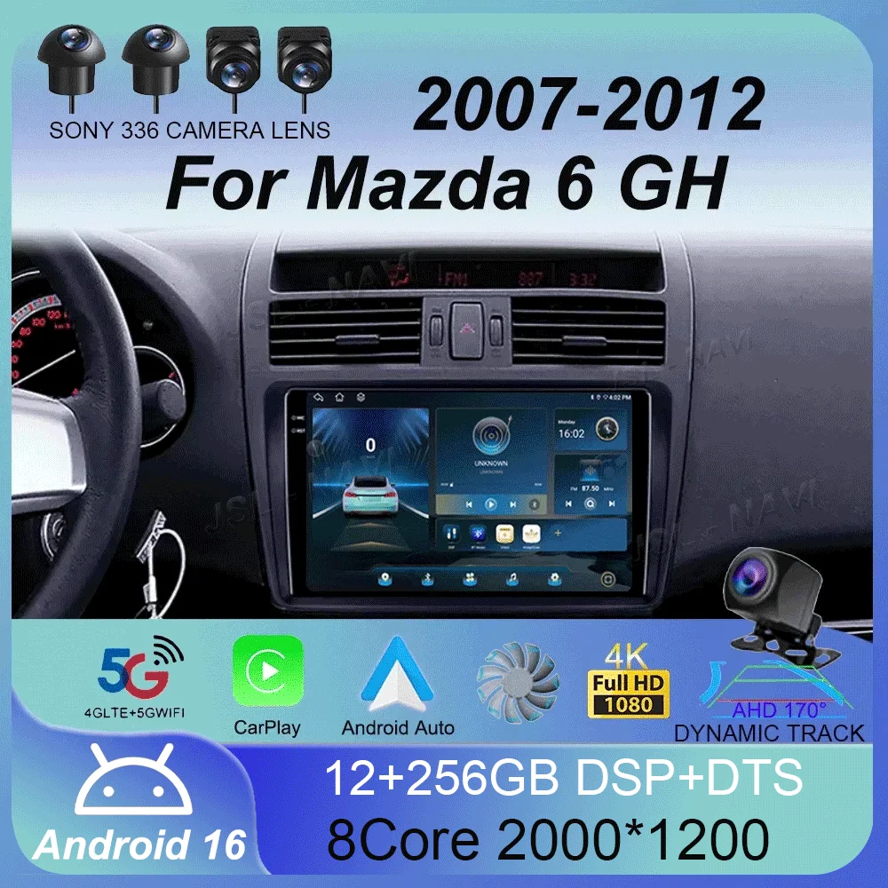 Android 16 Wireless CarPlay Auto Car Radio For Mazda 6 GH 2007 - 2012 Multimedia Video Player 4G WIFI GPS 360 Camera Navigation