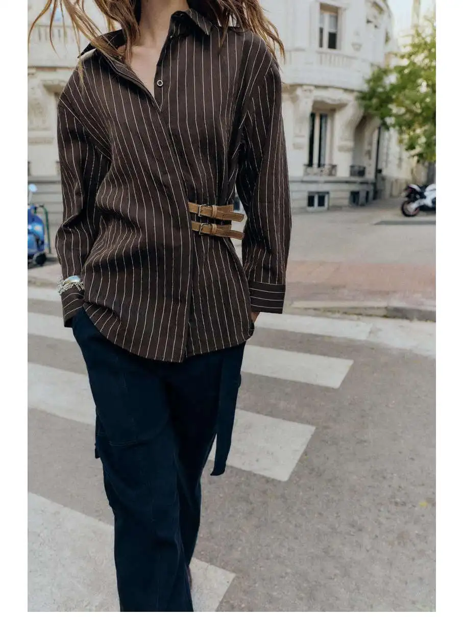 

Casual Striped irt Long Sve Turn-down Collar Faionable Women's Straight-cut Breathable Skin-friendly Autumn Winter irt