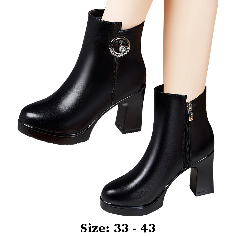 

High quality short ankle leather boots for women 8.5cm high heel platform new 2025 autumn winter 33 34 43 elegant shoe black