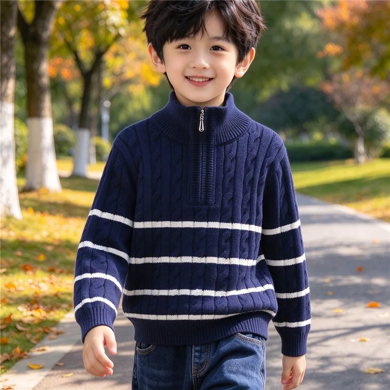 Boys Sweater 2026 Autumn/Winter Children's Stripe Half-Zip Knitted Pullovers For Teen Boys 6-15 Years Wear