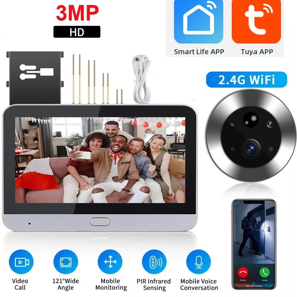 Tuya vem com uma campainha digital inteligente de 4,3 polegadas e olho mágico com câmera de alta definição, detecção de movimento PIR, bidirecional