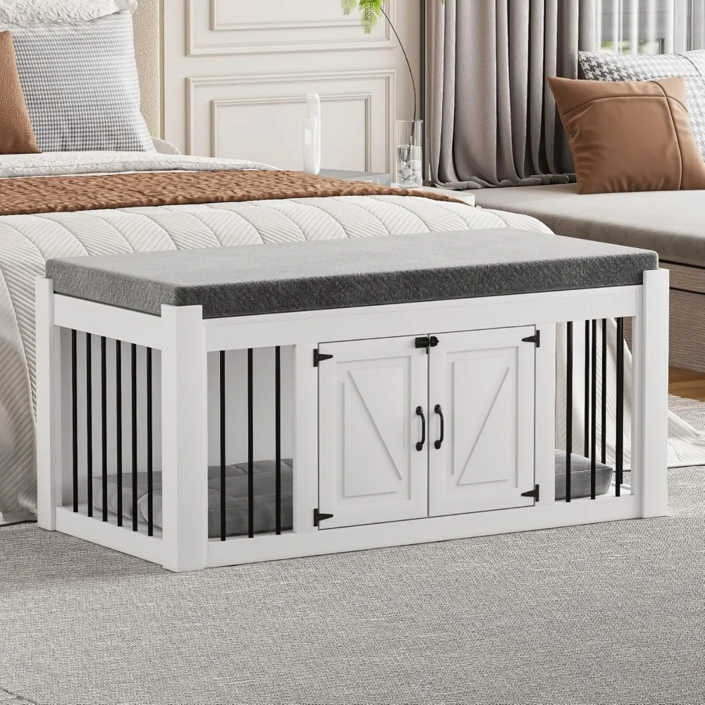 

Dog Crate Furniture With Padded Seat, Luxury Wooden Dog Kennel, End Of Bed Bench Ottoman With Removable Cushion For Bedroom, Liv