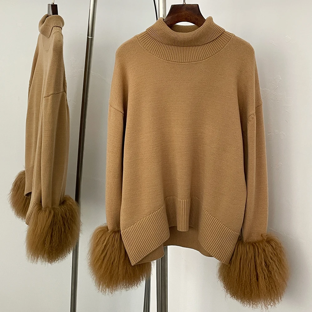 OFTBUY Real Mongolia Sheep Fur Sweater Spring Autumn Oversize Cardigan Women High Collar Pullover Female Cuffs Fur Knitting Coat