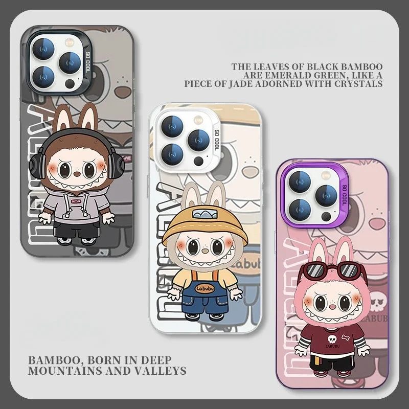 New trendy labubus cute cartoon couple mobile phone case suitable for Apple 13/14/15promax simple color silver protective cover