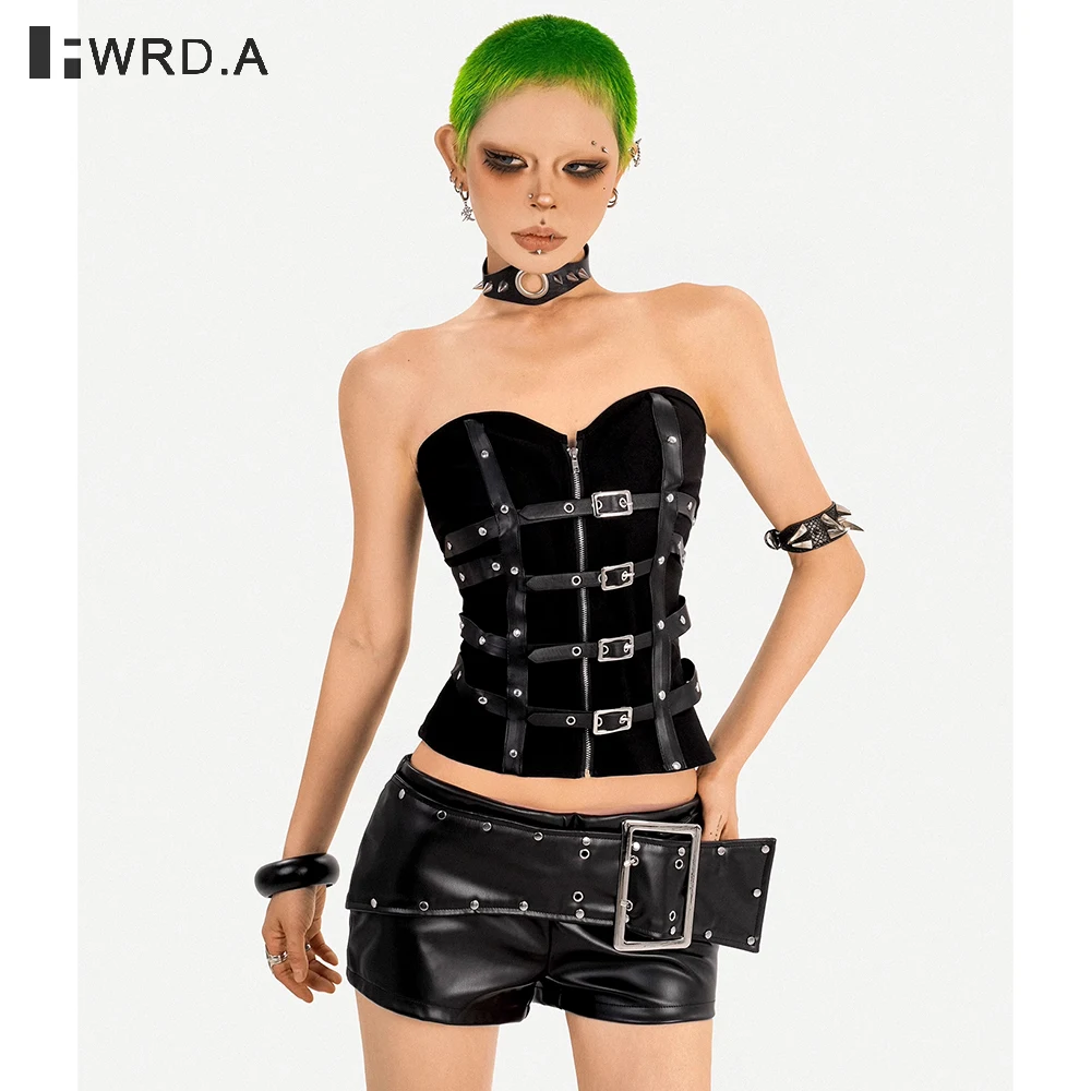 

FWRD 2025 Dark Aesthetic Sexy Tube Top for Women Y2K Subculture Slim Fit Faux Leather Corset Top Street Fashion #FWRD6043