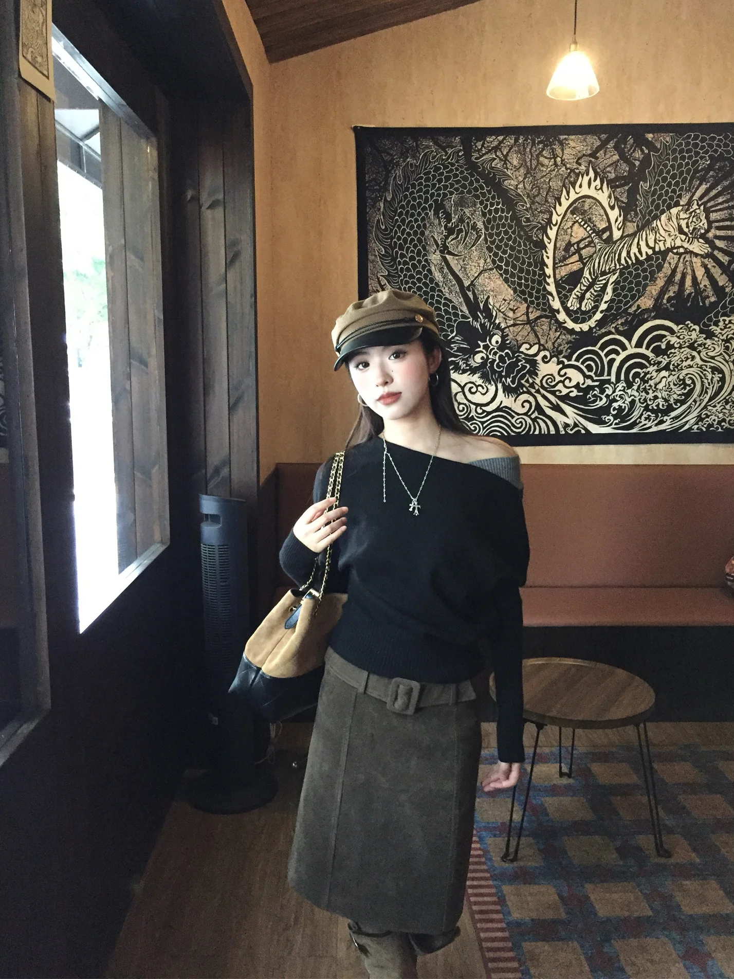

Fashionable Elegant Long Sleeve Knitted Top And High Waist Skirt Two Piece Set for Women Spring Season Draping Style