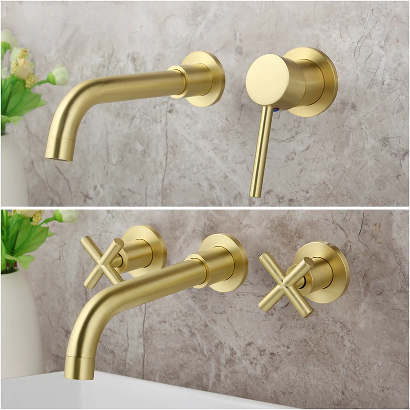 

Luxury Brushed Golden Tap Wall Mounted Bathroom Basin Sink Faucet Solid Brass Hot & Cold Mixer Golden Bathtub Faucet