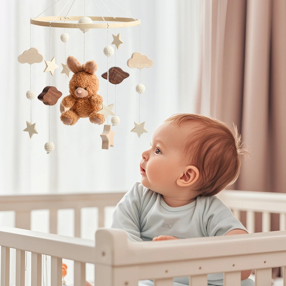 Baby Crib Mobile Rattle Toy 0-12Months Infant Soft Felt Cartoon Bear Toys Newborn Music Box Crib Mobile Bracket Bracket Kid Gift