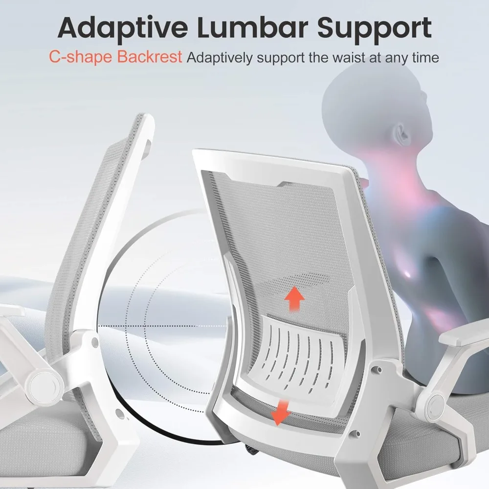 كرسي مكتب مريح مع مساند للذراعين قابلة للطي كرسي كمبيوتر تنفيذي للمكتب المنزلي، شبكة قابلة للتنفس وأسفل الظهر التكيفية