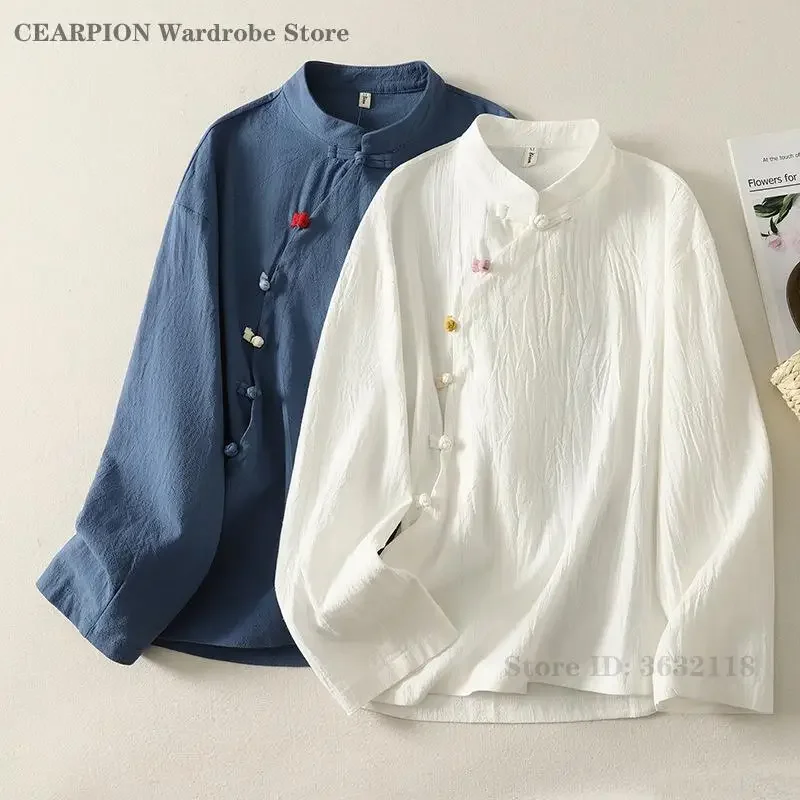 Vintage Button Tang Clothes Blouse Long Sleeve Chinese Shirts Traditional Vintage Zen Tea Costume Oriental Ancient Hanfu Top