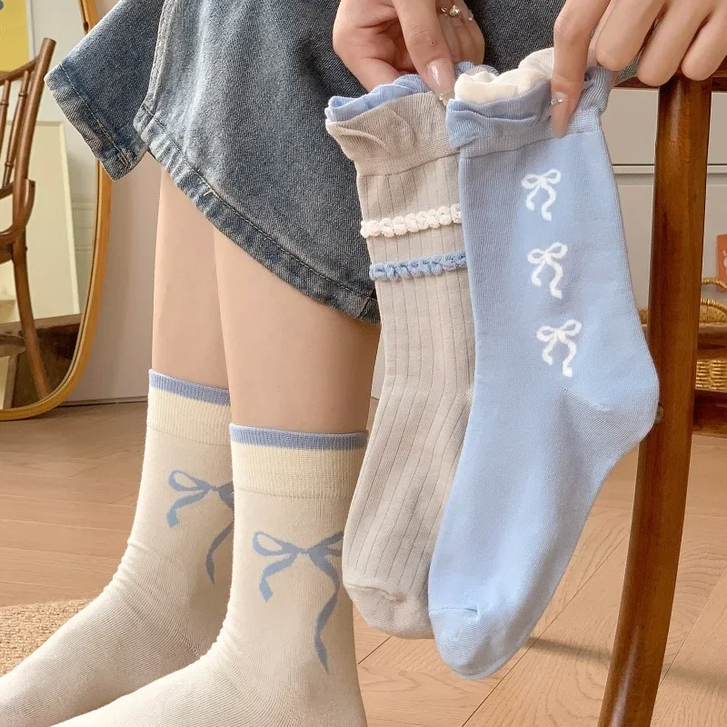 Damensocken im Lolita-Stil mit Schmetterlingsknoten, Miu Wind, Frühling und Herbst, mittlere Wade, Spitze, koreanische Version, INS, flauschige Socken aus Baumwolle