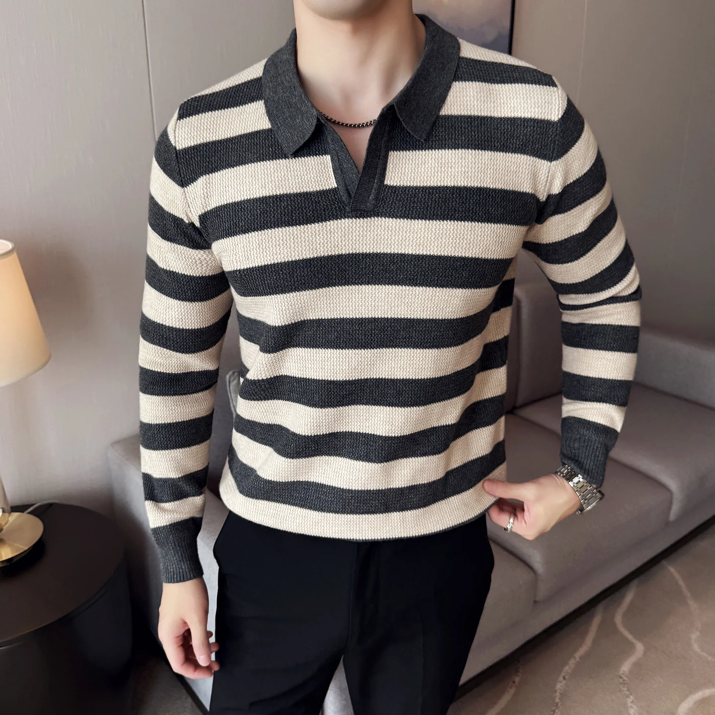 Autumn Winter Men's Lapel Sweater Trend Striped Sweaters Casual Business V-neck Pullover Slim Fit Street Wear Men Clothing 2025