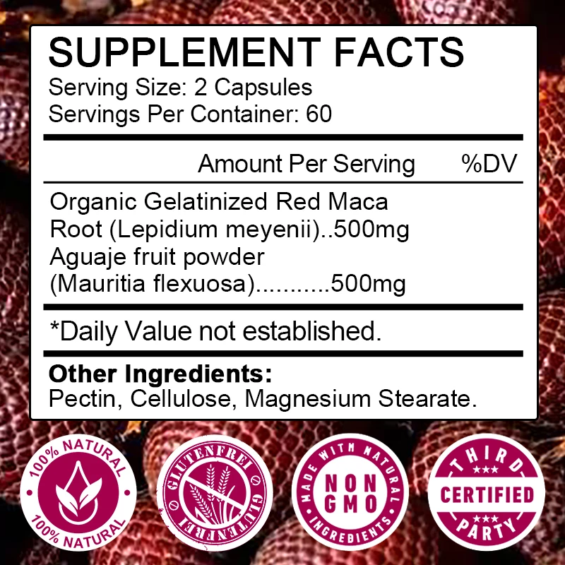 Organic Aguaje with RedMaca Root Extract- 1000mg Serving -Women Focused Curve Nutrition Supplement Vegan