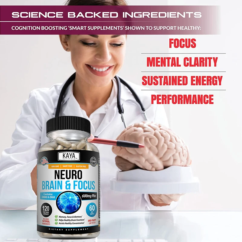 อาหารเสริม nootropic สำหรับหน่วยความจำและโฟกัส-สำหรับการเตือนจิตใจ, หน่วยความจำ, โฟกัสและความสนใจ, ความรู้ความเข้าใจ, neurokines, Non-GMO